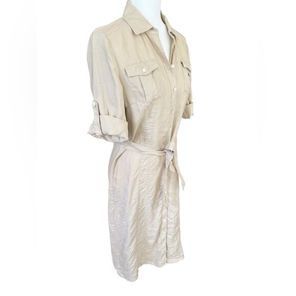 Saks Fifth Avenue Women's Linen Button Down Khaki Tan Tie Button Down Dress- 6 - Picture 2 of 9